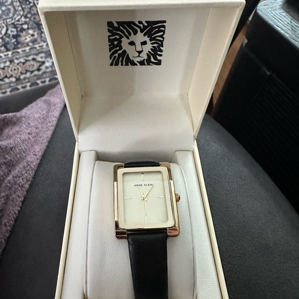 Anne Klein Rectangular Black Leather Band Watch